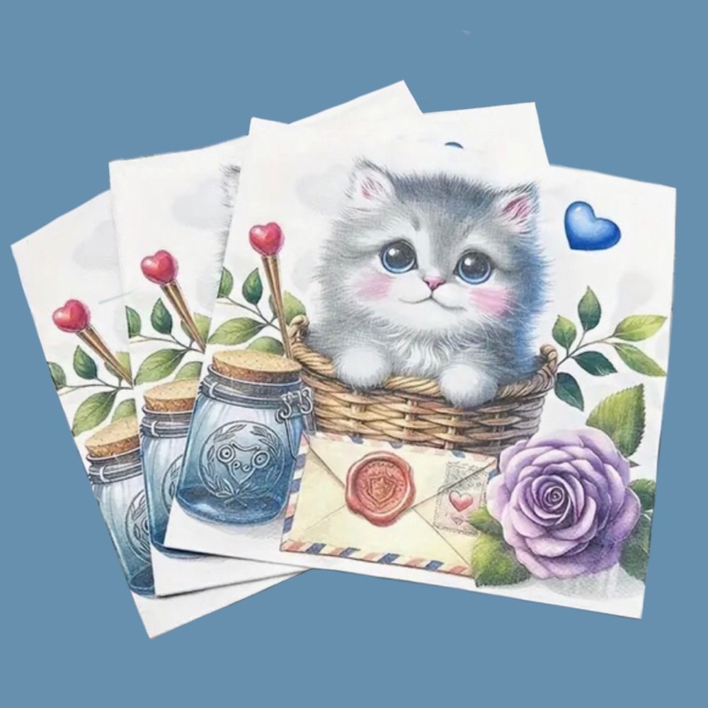 Three (3) Individual Letter Floral Kitten in Basket Lunch Size Decoupage Napkins